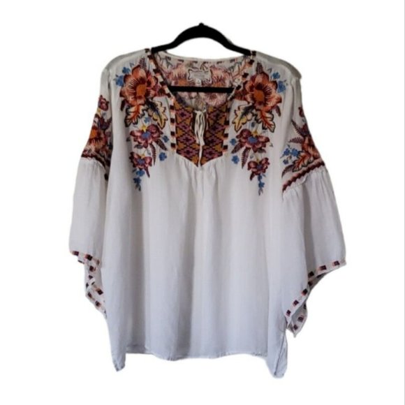 Johnny Was Workshop White Top Tunic Floral Embroidered Blouse 100% Ramie Size XL - Picture 1 of 8